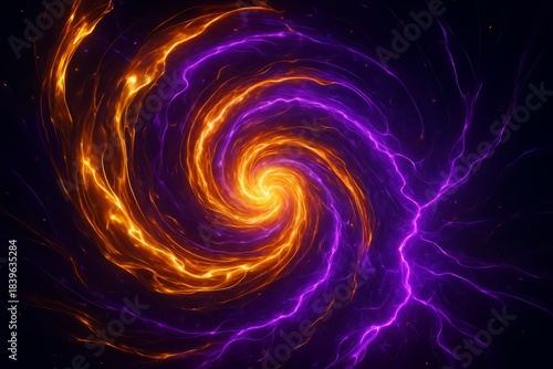 Colorful spiral with a purple and orange lightning bolt in the center. The spiral is surrounded by a purple and orange glow, giving it a dynamic