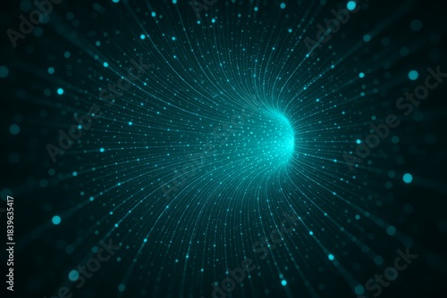 Blue and green image of a tunnel with many dots. The tunnel is very long and the dots are very small