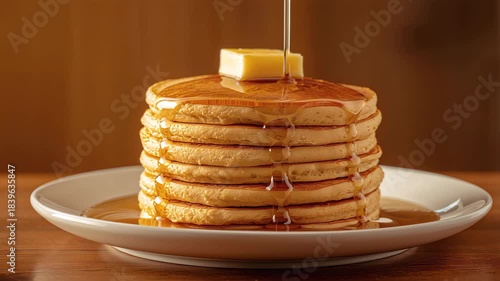 Wallpaper Mural Maple syrup pouring on a stack of pancakes with butter on a white plate. Hot golden pancakes for breakfast or brunch. Torontodigital.ca