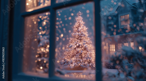 A pastel Christmas tree at night, seen through a window with snowflakes. The tree glows with hundreds of tiny, soft white lights. The color scheme is icy blue, silver, and lilac. Nostalgic, peaceful, 