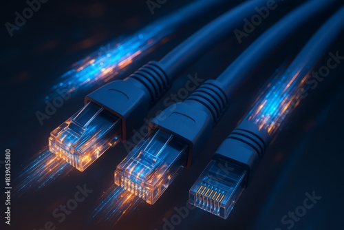 Three cables are shown in a blue and orange color scheme. The cables are connected to a device, and the image conveys a sense of technology