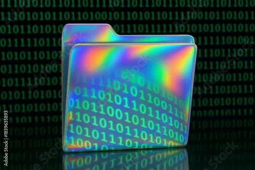 Folder with a rainbow effect on it is displayed on a black background. The folder is surrounded by a series of binary numbers