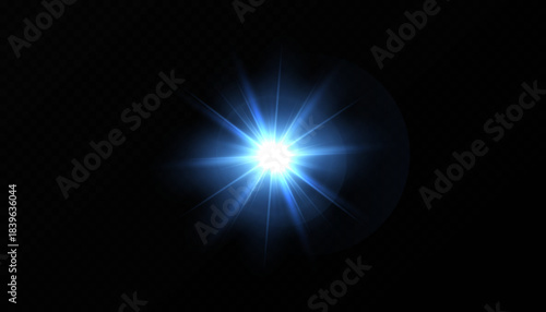 A lens flare effect featuring light flashes and neon explosions. Glowing stars and sunlight elements are isolated on a transparent background. 