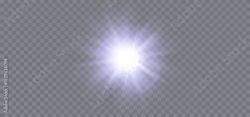 A lens flare effect featuring light flashes and neon explosions. Glowing stars and sunlight elements are isolated on a transparent background. 