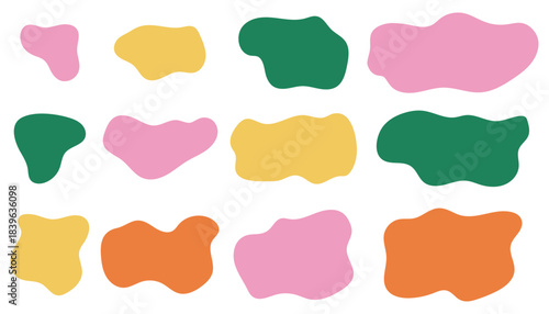 Set of colorful uneven blob stains with soft organic curves and liquid smear look. Smooth abstract shapes in bright cartoon flat style perfect for backgrounds, stickers, layout accents and design.