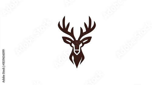 Stylized dark brown silhouette head of a stag with large antlers centered on a white background