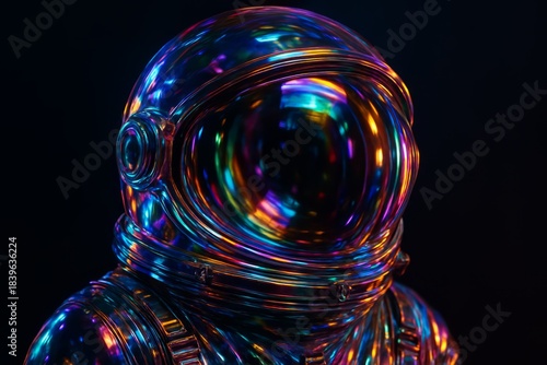 Colorful astronaut helmet with a glowing, iridescent surface. The helmet is surrounded by a black background. Scene is one of wonder and excitement
