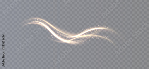 Golden light line on transparent background with smooth movement and glowing edges with gold particles and fairy dust for holiday, Christmas designs.