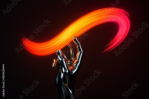 Hand holding a glowing orange line. The image has a futuristic and metallic feel to it. The orange line seems to be a symbol of power or energy