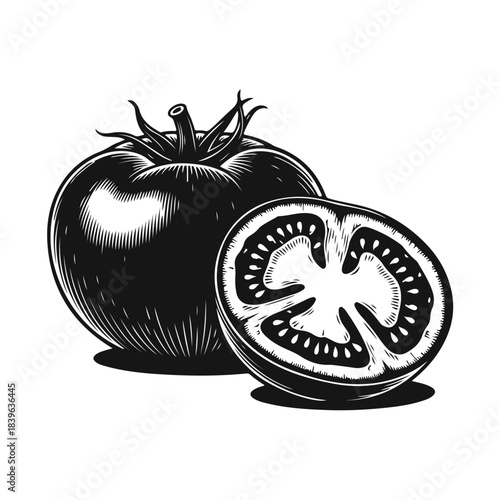 A black and white tomato and half a tomato with detailed seeds. Minimalistic vegetable illustration. Tomato slice, half a tomato