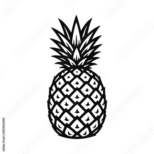 Black and white pineapple in clean vector outline style with detailed leaves and textured body. pineapple icon, fruit outline, tropical art, exotic fruit, healthy food