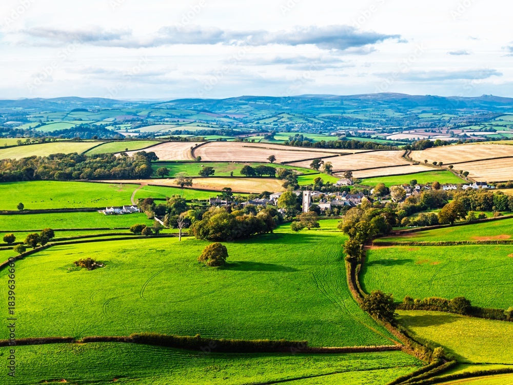 Fototapeta premium Colours of Devon Farms and Fields over Berry Pomeroy from a drone, Totnes, England