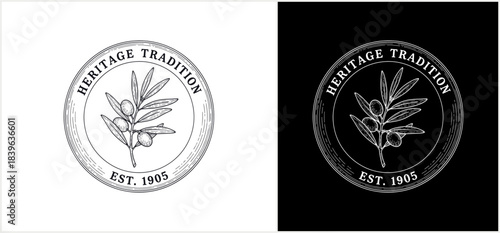 Vintage botanical emblem with olive branch and heritage badge style.