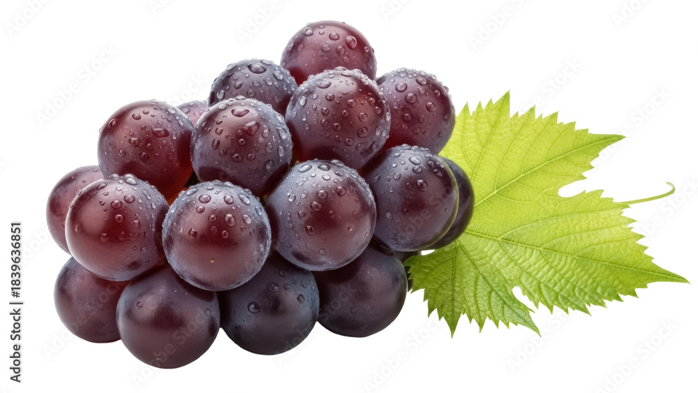 © Matej - Fresh dark grapes with water droplets and green leaf isolated PNG, juicy fruit for healthy eating and summer dessert