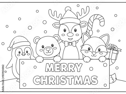 A charming coloring page depicts a group of adorable cartoon animals including a penguin, bear, reindeer, and fox holding a "Merry Christmas" sign in a snowy setting.