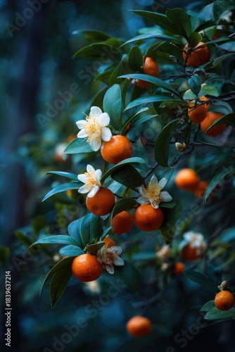 Close-up of mandarin tree laden with ripe fruit and delicate white blossoms, lush foliage