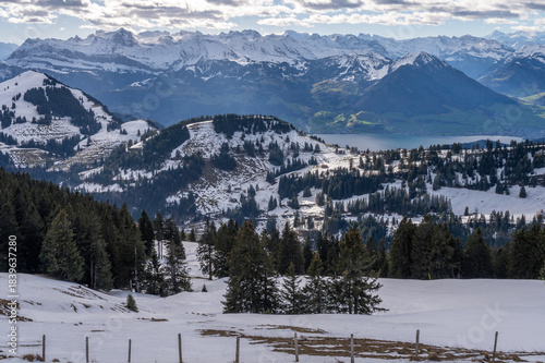 Winter Landscape of Lake and Mountain.  Swiss Alps, Rigi Kulm, Lucerne, Switzerland.