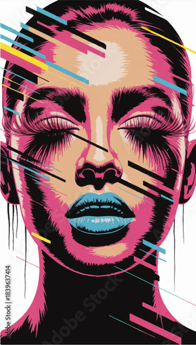 Vivid illustration of a portrait with a female face painted with acrylic or oil paints Vector graphics. EPS_03.