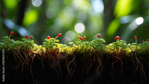 Tiny green plants with vibrant red berries grow on mossy terrain, exposing intricate roots against a soft bokeh light filled background.