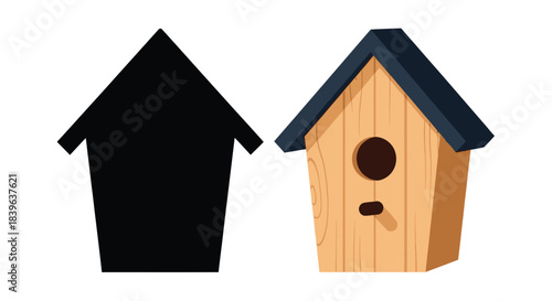 Illustrative comparison of a birdhouse silhouette and a colored version