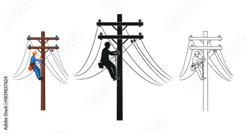 Lineman working on utility pole colorful black and outline illustrations
