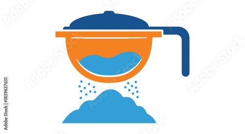 A blue and orange illustration depicting a coffee pot with coffee grounds