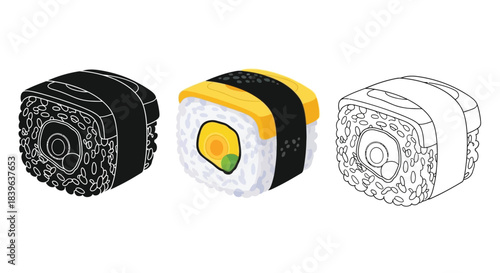 Detailed sushi roll illustrations displaying varying styles and graphic representations