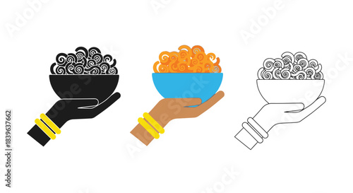 Three hands offering bowls filled with grains in varying styles