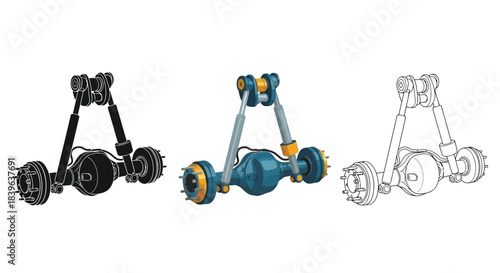 Detailed illustration of automotive rear axle assemblies in various rendering styles