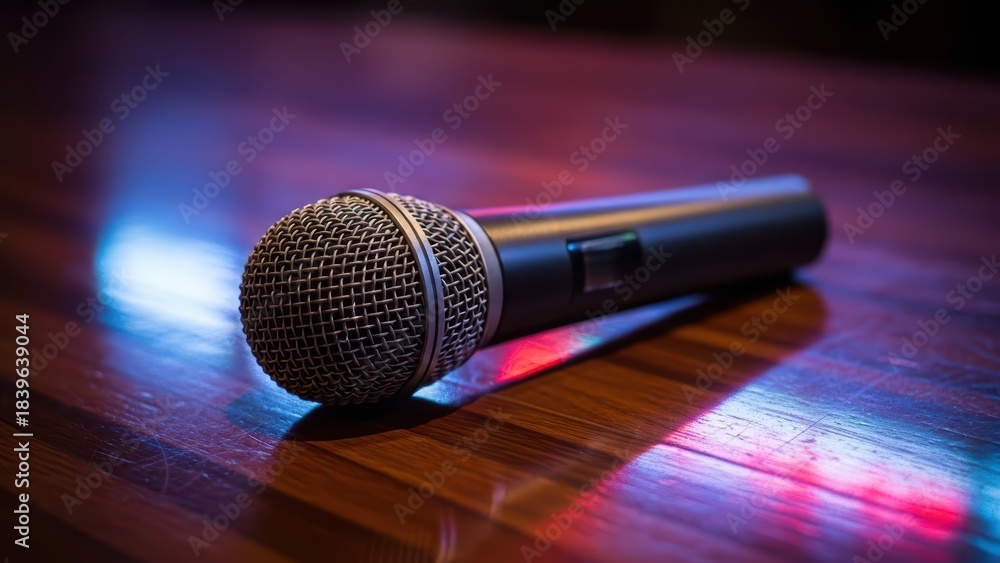 Obraz premium Microphone on wooden surface with vibrant reflections