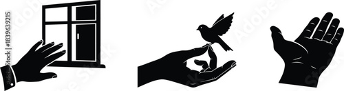 Black and white vector silhouette of a woman holding a fan in a Japanese calligraphy style