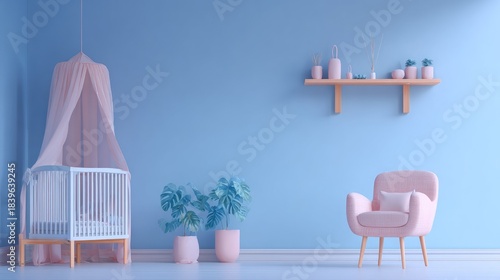 A pastel pink armchair and crib furnish a serene nursery with blue walls.