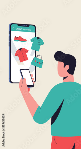 Man shopping for clothes online using smartphone with floating product icons representing digital retail, e-commerce convenience and modern mobile shopping experience in flat illustration style