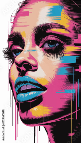 Vivid illustration of a portrait with a female face painted with acrylic or oil paints Vector graphics. EPS_04.