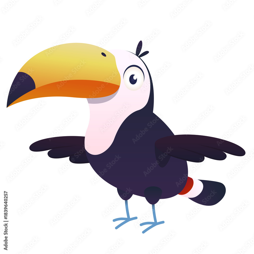 Obraz premium Illustration of a toucan bird with outstretched wings. Cartoon style. A friendly bird with a cute appearance.