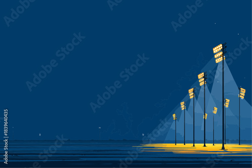 Flat vector illustration of tall floodlights at a night skating rink, glowing yellow against dark blue sky with copy space below. Ideal for winter sports branding, event posters, and digital banner