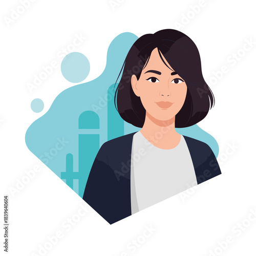 Flat style female avatar portrait with short dark hair on abstract background, modern minimal illustration for user profile, social media and digital identity design
