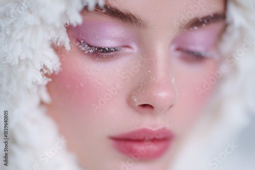 Wallpaper Mural Close up portrait of a serene woman with icy pastel makeup, surrounded by soft textures, evoking a tranquil winter atmosphere with a dreamy aesthetic Torontodigital.ca