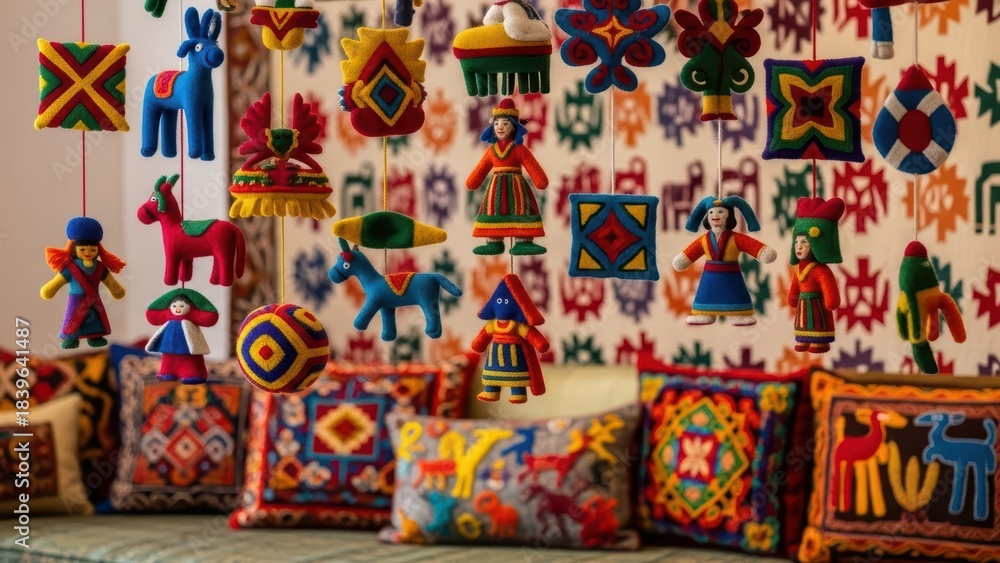Fototapeta premium Colorful textile art with traditional patterns and felt ornaments
