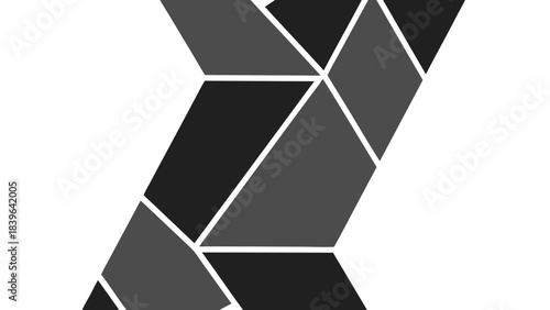 Abstract geometric pattern in shades of gray and black with sharp lines and angles forming a modern graphic design concept with diagonal and trapezoidal shapes creating a visual rhythm and textured
