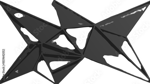 Abstract Geometric Sculpture With Sharp Edges In Dark Gray Color Against A Black Background With Sharp Contrasts And Dramatic Lighting