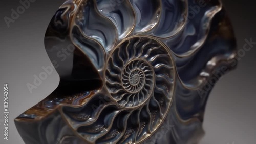 A detailed close-up of a spiral-shaped form in hues of blue, gold, and dark