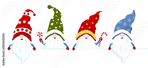 Horizontal festive banner with a group of holiday gnomes and playful elves peeking around a large blank sign. Perfect for greeting cards, New Year messages and childrens holiday designs.
