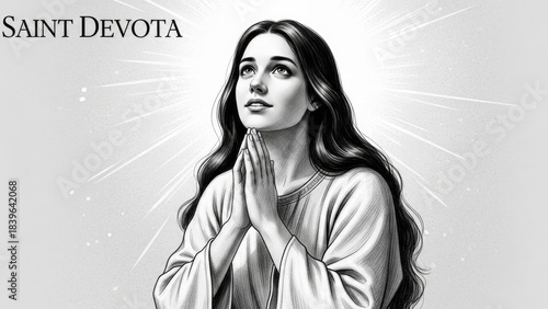 Saint Devota, a devout young woman, offers silent prayer with hands clasped. A radiant glow emanates, signifying spiritual devotion and divine grace on this sacred day.