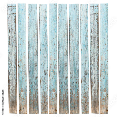 Vertical row of old wooden planks with peeling blue paint showing the texture of worn wood