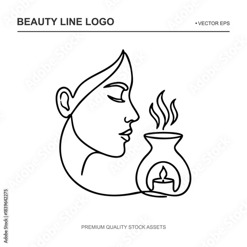 Scalable vector illustration for wellness and spa branding. A continuous line drawing of a serene woman profile next to a steaming aroma lamp with a candle. Perfect for editable logos scent shop signs