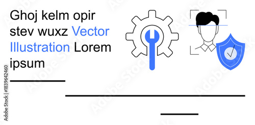 Digital security, identity verification, system optimization, data protection, privacy management, diagnostics. Gear and wrench, facial recognition graphic and secure shield. Digital security