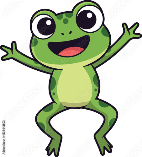 Joyful cartoon frog illustration jumping with a wide smile and outstretched arms, playful amphibian graphic