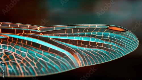 A close-up view of a semi-transparent insect wing with a network of veins, showcasing vibrant colors