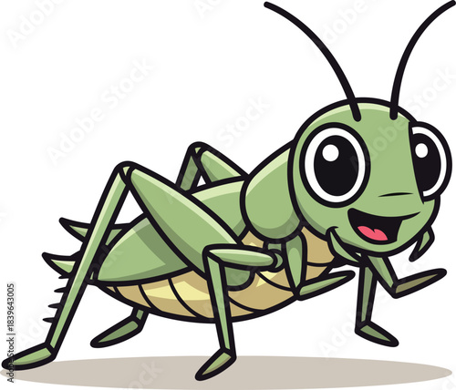 Lively green cartoon grasshopper character with large expressive eyes happily jumping, adorable isolated illustration.